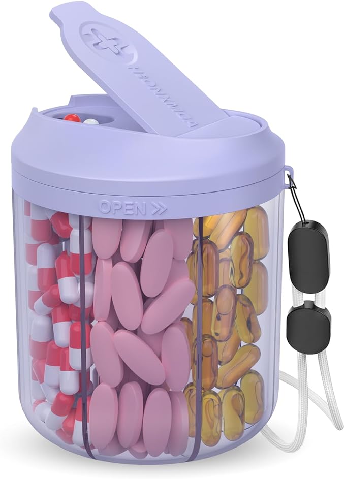 Pill Organizer with 7 Large Compartments, Pill Dispenser for Travel, Supplement Organizer with Anti-Mixing Design, BPA-Free Pill Container with 20 Pcs Labels, Purple