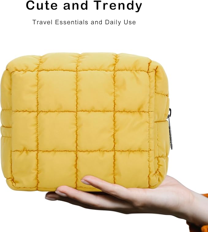 E-Tree Cute Makeup Bag,Quilted Cosmetic Bag,Make up Pouch for Purse,Toiletry Zipper Pouch,Checkered Bag,Travel Case,Storage Pouches for Organization (Yellow)