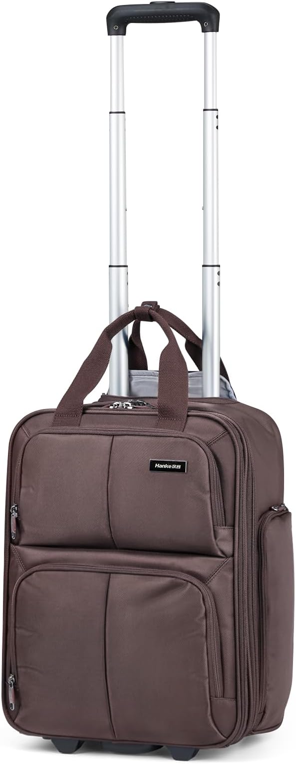 Hanke 16 Inch Underseat Carry On Luggage With Wheels, Small Rolling Suitcase Lightweight Under Seat Carry On Bag, Airline Approved Personal Item Overnight Softside Travel Luggage Bag,Coffee