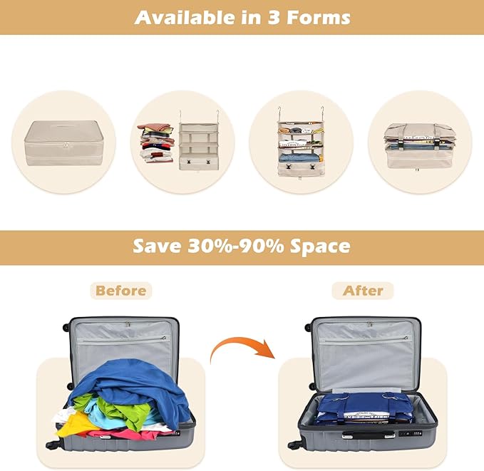 Surblue Hanging Closet Storage Bag Collapsible 3-Shelf Washable Oxford Fabric with 2 Hooks (XL 17.71 * 11.81 * 20in, Beige)