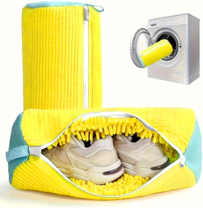 Shoe Washing Machine Bags, XXL Shoe Laundry Bags for Washer Dryer, Sturdy Zipper with Hook Design, Sneaker Dry Bags Included, Reusable Washing Bag for Sneaker, Tennis, Yellow 2pc