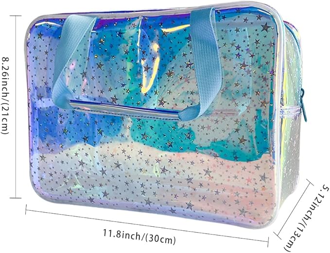 TPU Holographic Blue Clear Star Large Cosmetic Bag and Travel Pouch with Handle,Durable TPU Material,Zipper Design-Ideal for Makeup,Travel Essentials (Holographic Blue)