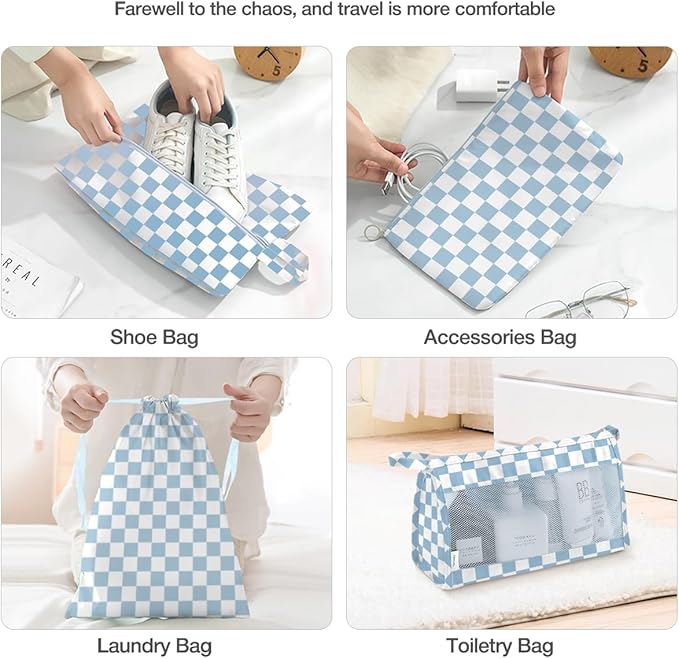 8 Set Packing Cubes for Suitcases,Packing Cubes with Shoe Bag, Cosmetics Bag, Clothing Bag, Accessories Bags Packing Cubes for Travel Luggage Organizer Women Men(Blue Checkered)