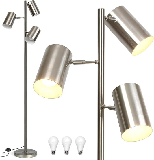 Tree Floor Lamp with 3 Light Bulbs,Nickel Standing Tall Pole Lamp with 3 Adjustable Rotating Lights,Farmhouse Floor Lamp for Living Room Bedroom Office,Vintage Standing Lamp 9W E26 LED Bulbs Included.
