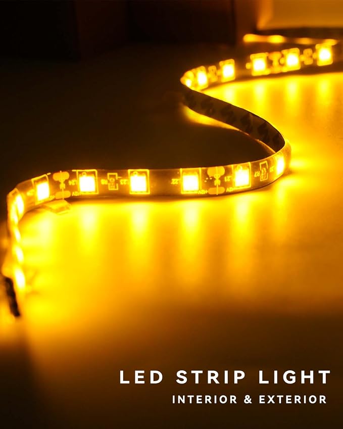Keiurot 12V Led Light Strip for Cars 24Inch Connectable & Waterproof, 4Pack | Amber Led Strip Lights for Golf Cart Motorcycle Boat Truck, Extendable to 48, IP68 & Flexible,100CM Lead Wire, Nano Adhesive