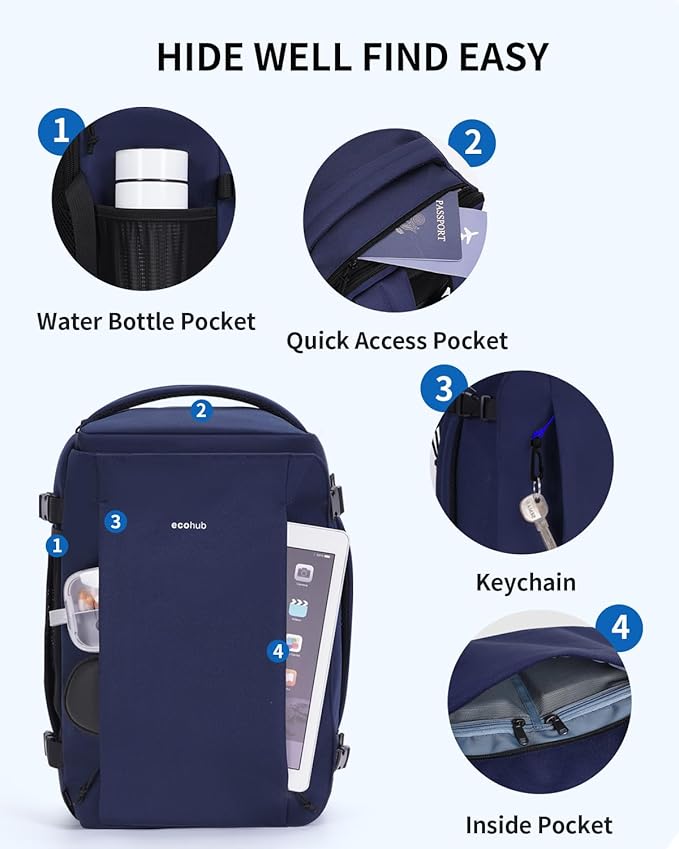 ECOHUB 40L Carry-On Travel Backpack, TSA-Friendly, Anti-Theft Water-Resistant Lightweight with 17.3″ Laptop Compartment, Durable PFAS-Free Rucksack, Blue