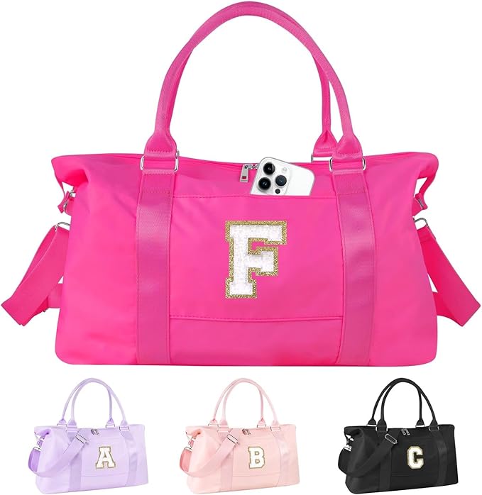 Dance Gym Duffel Bag for Teen Girls, Personalized Initial Travel Weekender Bag,Cute Overnight Carry On Duffle for Women,Sports Travel Cheer Bag,Monogram Christmas Gifts for Tween Preppy(rosered-F)