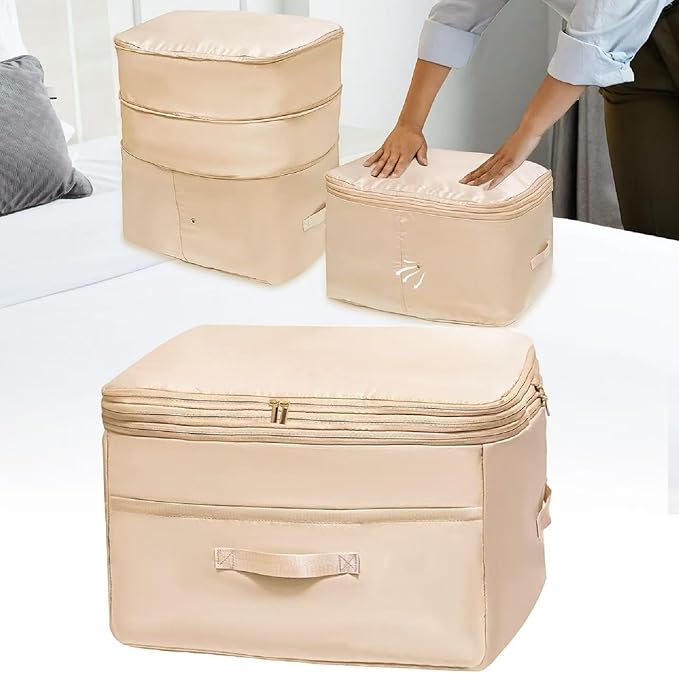 Ultra Space Saving Self Compression Organizers, Double Zipper Compression Packing Cubes for Bedding, Comforter Storage Bag for Blankets Duvet Quilts Pillows Queen King (Beige, X-Large)