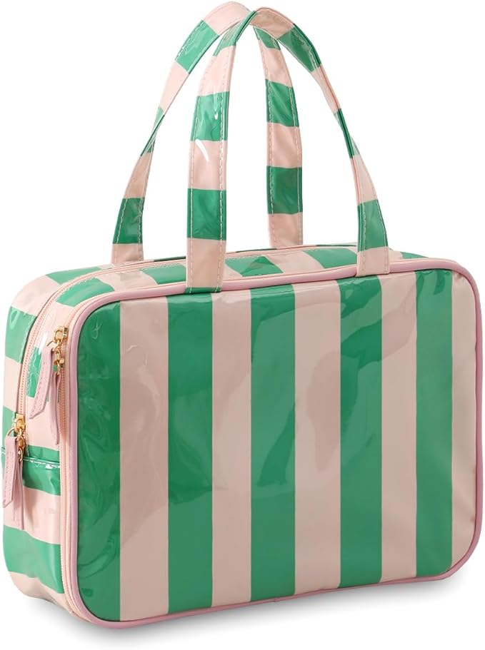 Travel Toiletry Bag for Women, Waterproof Clear Coated Portable Stripe Makeup Cosmetic Bag with Compartment, Travel Organizer for Shampoo, Conditioner, Brushes Set,Cosmetic Accessories(Pink-Green)