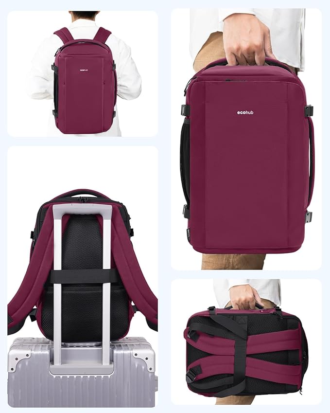 ECOHUB 40L Carry-On Travel Backpack, TSA-Friendly, Anti-Theft Water-Resistant Lightweight with 17.3″ Laptop Compartment, Durable PFAS-Free Rucksack, Red