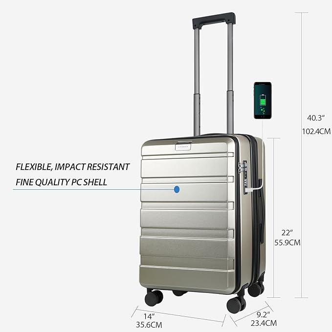 KROSER Carry On Luggage with Spinner Wheels & Built-in TSA Lock, Expandable Top Opening Hard Shell Suitcase Large Capacity Durable Rolling Luggage with USB Port, Carry-On 20-Inch, Champagne