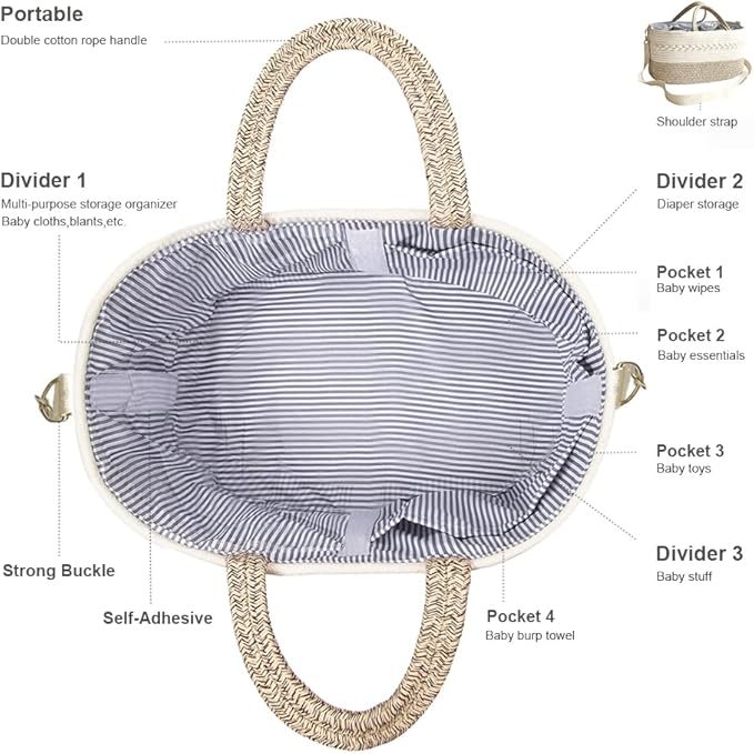 Baby Diaper Caddy Organizer, Shoulder Strap Buckle, 4 Inner Pockets Portable Nursery Storage Basket with Detachable Compartments,100% Cotton Woven Bin (Small, Yellow)