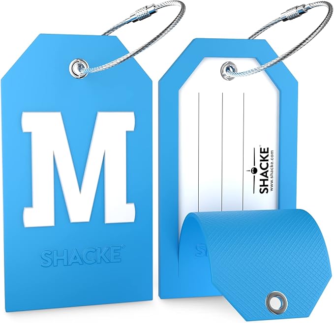 Shacke Initial Luggage Tag with Full Privacy Cover and Stainless Steel Loop - Aqua Teal (Letter M)