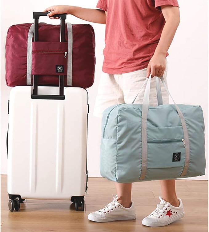 Foldable Travel Duffel Bag 2PCS Tote Carry on Luggage Bag Spirit Airlines Personal item Sports Gym Bag Water Resistant Weekender Overnight Bags for Women and Men (Green+Blue)