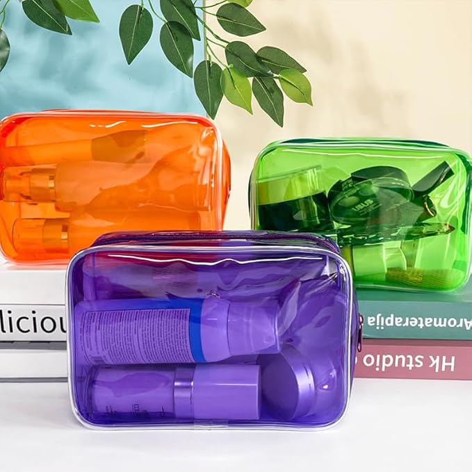 Neon TSA Approved Clear Toiletry Pouch, 7"x2.3"x4.7" Size, PVC Travel Makeup Bags for Toiletries, Transparent Cosmetic Bag for Women and Men Small (purple)