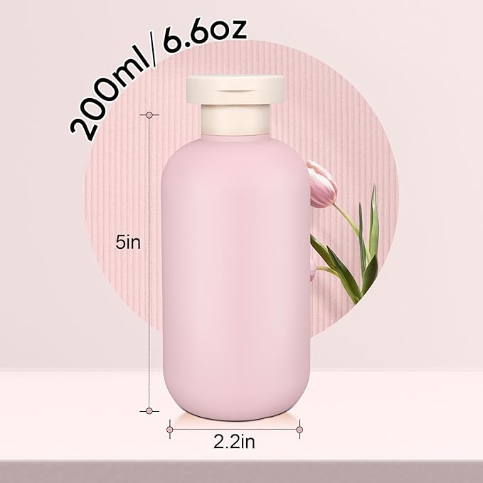 DEMORA 6.6oz Travel Bottles for Toiletries, Larger Plastic Travel Squeeze Bottles Leak Proof Refillable Toiletry Containers with Flip Caps and Labels for Shampoo Conditioner Lotion (Pink, 4 Pcs)