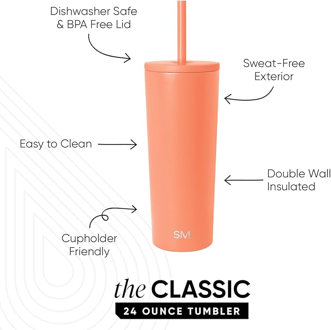 Simple Modern Classic Tumbler with Straw Lid | Insulated Iced Coffee Cup Reusable Stainless Steel Water Bottle Travel Mug | Gifts for Women Men Her Him | 24oz | Mango