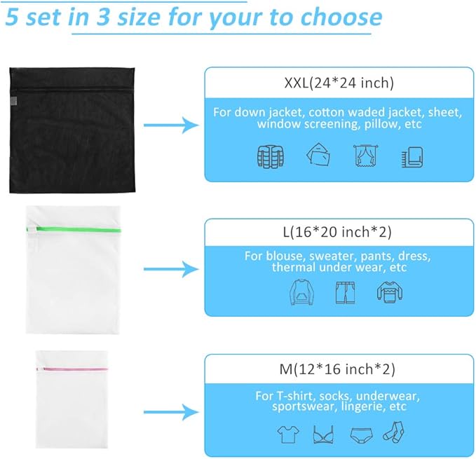GOGOODA Mesh Laundry Bags for Delicates Durable Protective Wash Bags Travel Storage Bags for Intimates Lingerie, 5PCS (1XXL,2L,2M)