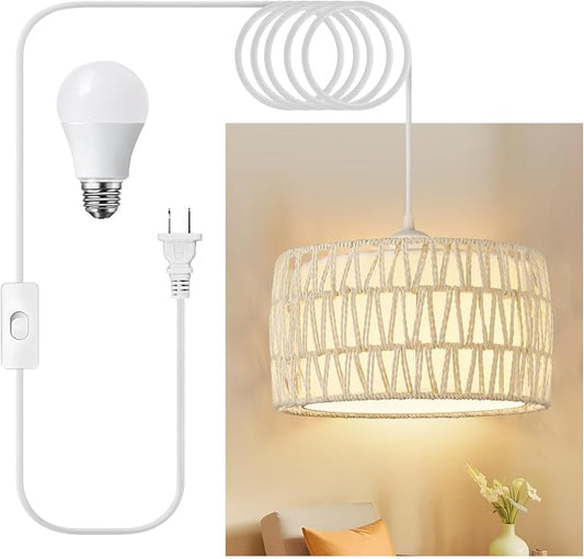 Plug in Pendant Light, Rattan Hanging Lights with Plug in Cord | Woven & Fabric 2 in 1 LampShade, Hanging Lamp Plug in for Bedroom Living Room Kitchen Island-Cream (Bulb Included)