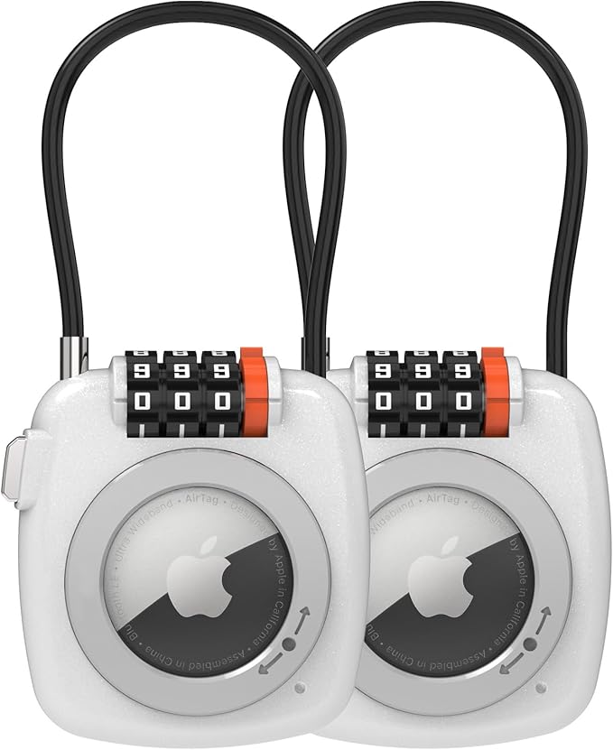 Compatible with Apple AirTag Secure Lock with Wire Cable, 3-Digit Combination Luggage Locks, Alloy Body Ultra Durable Anti-Lost Protective Case for Luggage, Suitcase (White*2)