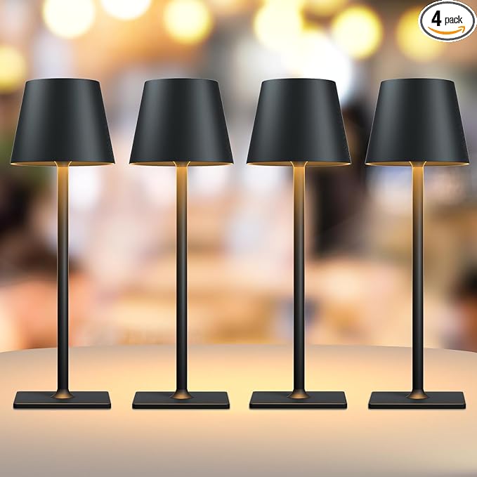 Yogaret Black Cordless Table Lamps, 6000mAh Rechargeable Battery LED Lights | Set of 4 battery operated lamps wireless table lamp for restaurant tables, dining areas, kitchens, outdoor patio and home use
