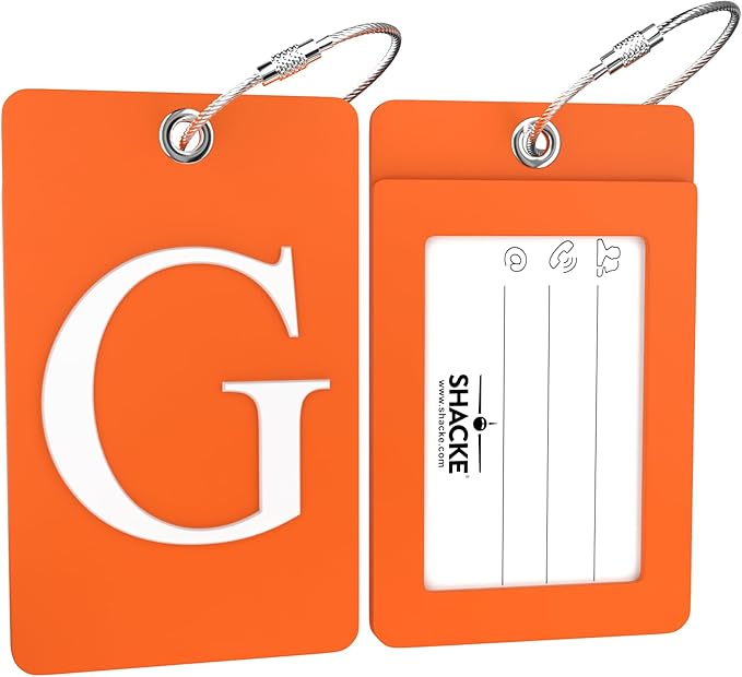 Shacke Luggage Tag Initial – Fully Bendable Tag w/Stainless Steel Loop - Orange (Letter G)