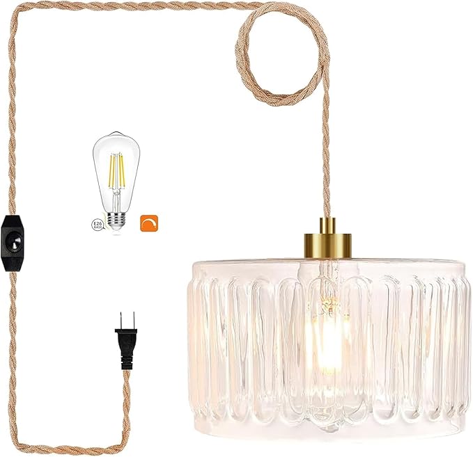QIYIZM Glass Plug in Pendant Light Hanging Lights with Plug in Cord Milk White Hanging Lamp Gold Dimmable Mid Century Modern Plug in Chandelier Ceiling Fixture for Living Room,Kitchen,Boho