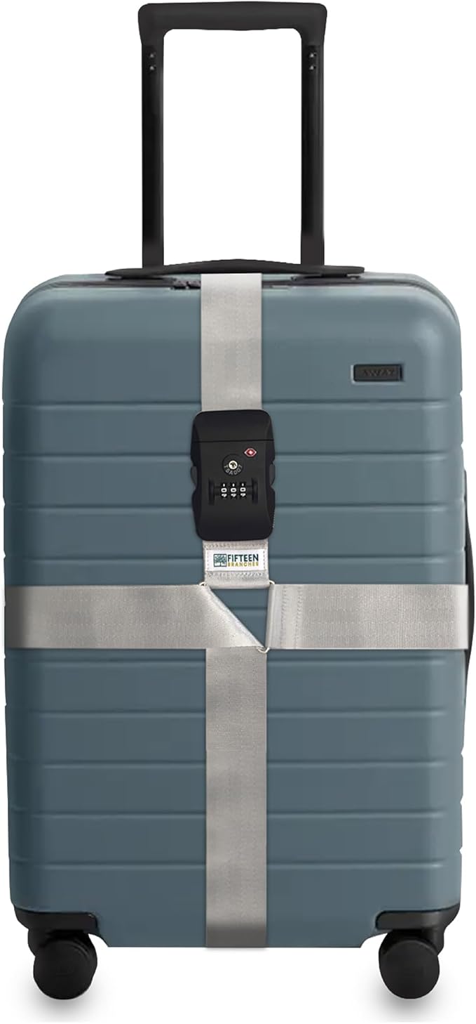 Nylon Luggage Straps for Suitcases | TSA Approved Adjustable Strap w/ 3-Digit Combo Lock | Heavy Duty Belt for 20-32 Inch Suitcases | Travel Luggage Belt Strap for Easy Identification (Silver Grey)