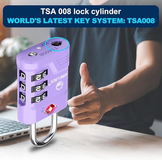 SURE LOCK TSA Approved Luggage Lock – 3-Digit Resettable Combination Padlock with Open Alert Red Dot, Large Easy-Read Dials for Suitcases, Backpacks, Gym & School Lockers (Purple 4 pk)