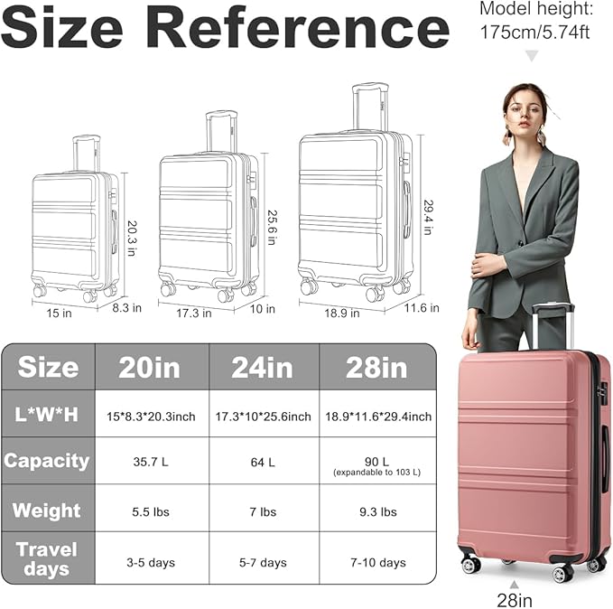 Kono 28 Inch Luggage Expandable Suitcase with Spinner Wheels TSA Lock Lightweight PC+ABS Hardside Large Checked Luggage Durable Rolling Suitcase Nude/Rose Pink