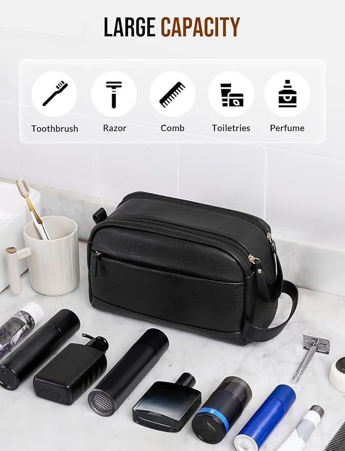 PU Leather Toiletry Bag for Men - Water Resistant Travel Bag for Toiletries, Bathroom Essentials, Accessories - Black