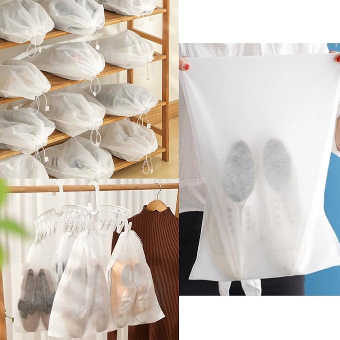 50 Pack Transparent Shoe Bags Travel Shoe Bags Non-woven Fabric Disposable Drawstring Dust Covers Shoes Storage Organizers Pouch for Sneaker Cross Trainer Tote Handbags Purses Running Shoes