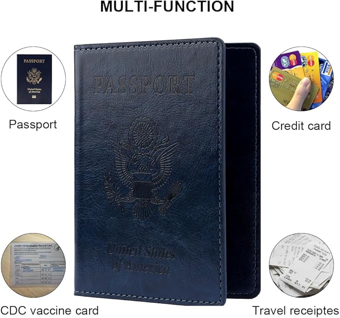 Passport Holder, Passport Holder Men, Passport Wallet Travel Must Haves, Passport and Vaccine Card Holder Combo, 1 Pack Travel Documents Organizer Protector for Travel Accessories, Dark Blue