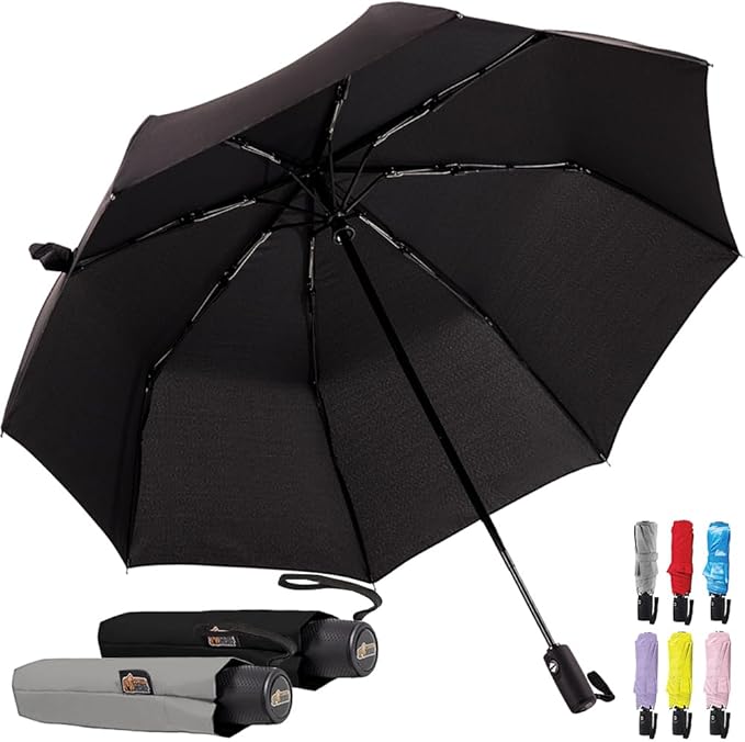 GORILLA GRIP Strong Windproof Stick Compact Umbrella for Rain, 2 PK, One-Click Automatic Open Close, Durable Quick Dry Waterproof Material, Lightweight, Portable, Travel Size Fits Backpack, Black Gray