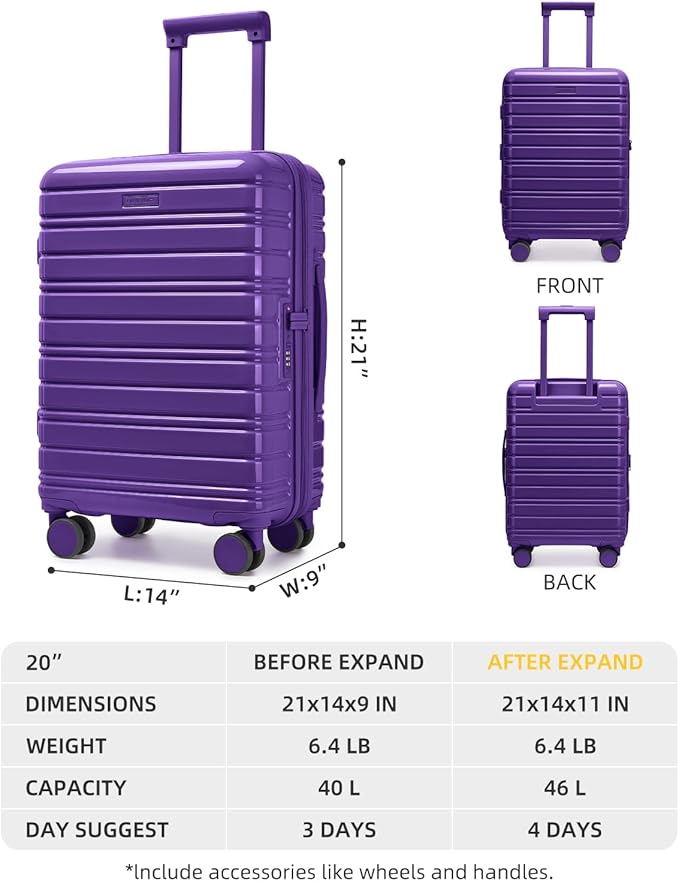LARVENDER Carry On Luggage 22x14x9 Airline Approved, 20 Inch Expandable PC+ABS Hardside Suitcase Carry On Luggage with Spinner Wheels TSA Lock for Women Men (Purple)