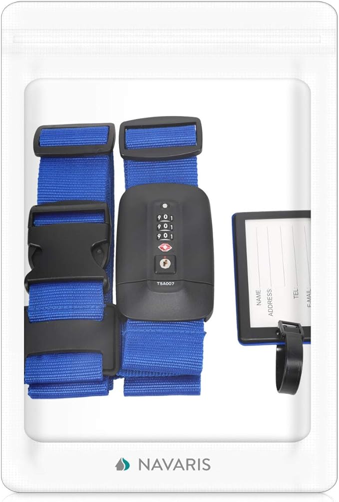 Navaris TSA Luggage Strap - Secure Adjustable Strap for Suitcases with Combination Lock - Lockable Cross Case Travel Belt for Luggage with ID Tag