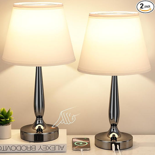 Kakanuo Touch Bedside Lamps for Bedroom Set, Small Touch Table Lamps with 2 USB Charging Ports, 3 Way Dimmable Nightstand Lamps with USB C Port - White (LED Bulb Included)