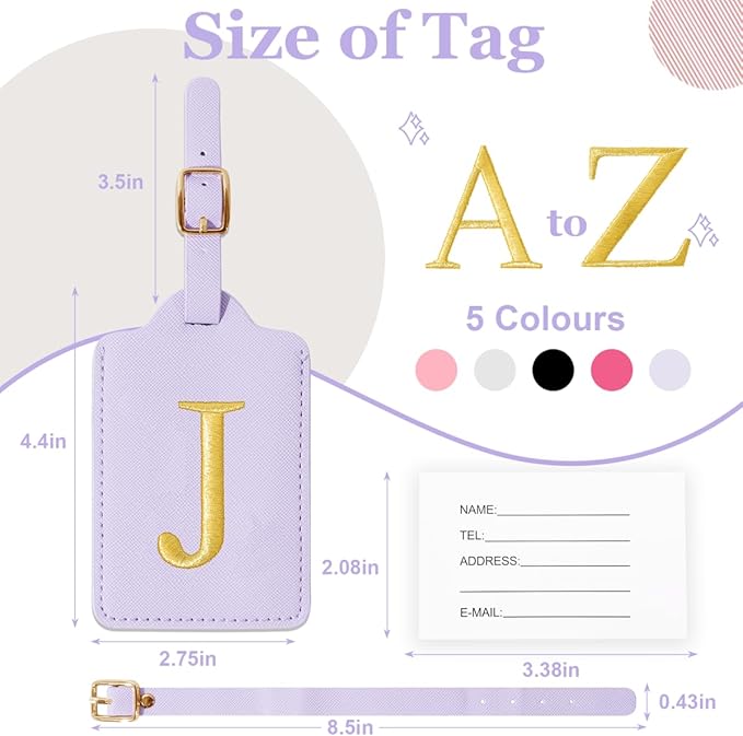 Personalized Initial Luggage Tags for Suitcases,Leather Letter Cute Luggage Tags with Privacy Name Card,Embroidered Monogrammed Travel Bag Backpack Tag Gifts for Women Kids Girls Teens(Purple-J)