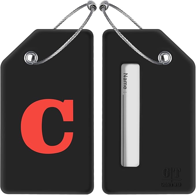 Gostwo 2 Pack Silicone Luggage Tags for Suitcases, 26 Initial Letter Baggage Labels Handbag School Bag Suitcase Instrument Tag with Stainless Steel Loop(Black & White) (Letter C)
