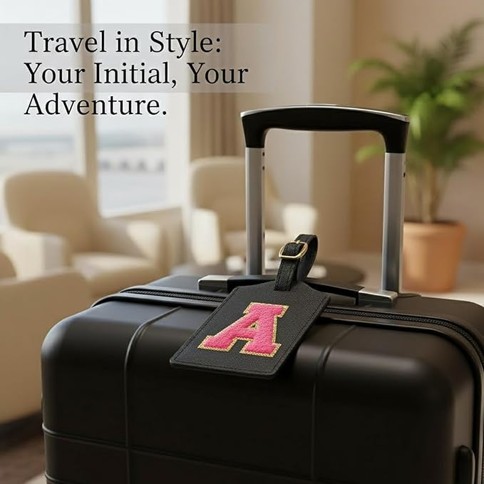 Initial Luggage Tag, PU Leather Luggage Tag, Embroidered Luggage Tag, Letter Luggage Tag, Monogrammed Luggage Tag, Luggage Tag for Baggage Bag Suitcase (A, Black Leather+Rose Red Letter)