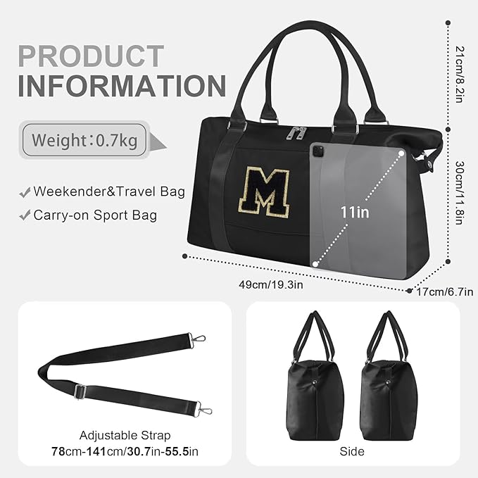 Dance Gym Duffel Bag for Teen Girls, Personalized Initial Travel Weekender Bag,Cute Overnight Carry On Duffle for Women,Sports Travel Cheer Bag,Monogram Christmas Gifts for Tween Preppy(black-M)