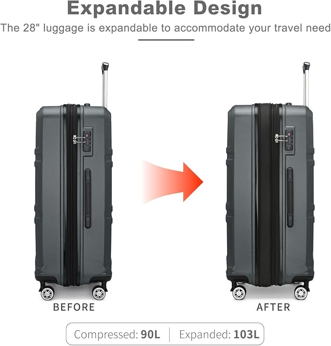 Kono 28 Inch Luggage Expandable Suitcase with Spinner Wheels TSA Lock Lightweight PC+ABS Hardside Large Checked Luggage Durable Rolling Suitcase Grey