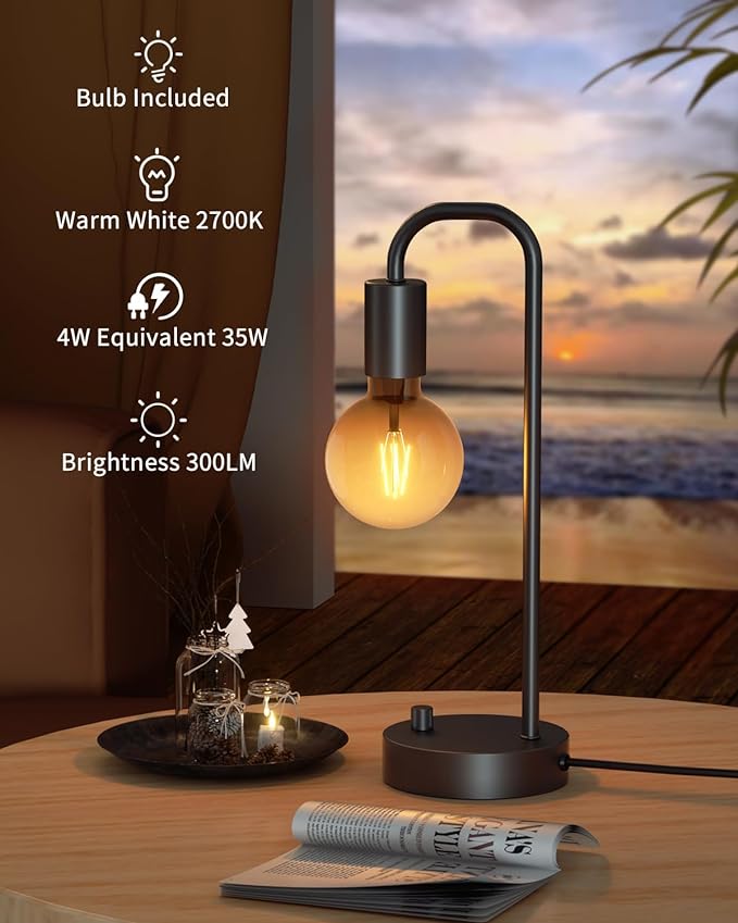 ONEWISH Industrial Table Lamp for Bedroom, Fully Dimmable Modern Bedside Lamps with 2700K Warm Light Bulb for Kids Reading, Minimalist Nightstand Lamps for Living Room, Office (Bulb Included)