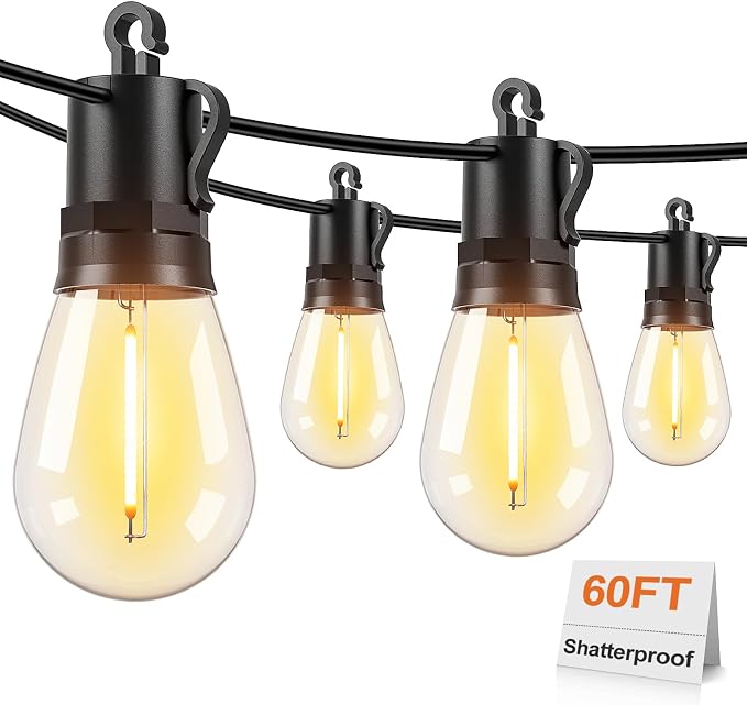 60FT LED Outdoor String Lights for Patio Decor | Outside Hanging Lights with 17 Shatterproof S14 Vintage Edison Bulbs(1 Spare), Waterproof 2700K Dimmable