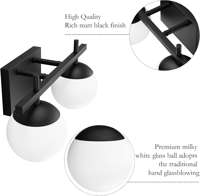 Ralbay Matte Black Bathroom Light Fitures 2-Light Mid Century Modern Bathroom Light Fixture Matte Black Milky Glass Ball Wall Light Black 2 Light