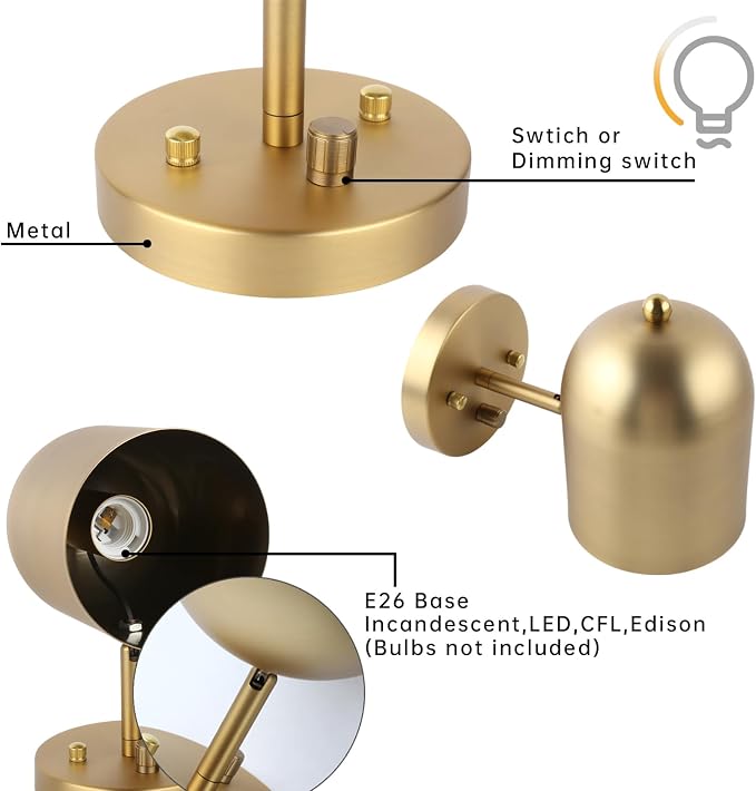 Set of 2 Hardwired Wall Sconce Dimmer Switch | Brass Finish Wall Light Lamp, Adjustable Wall Vanity Lighting, E26 Base Reading Lighting Decor for Bedroom Living Room