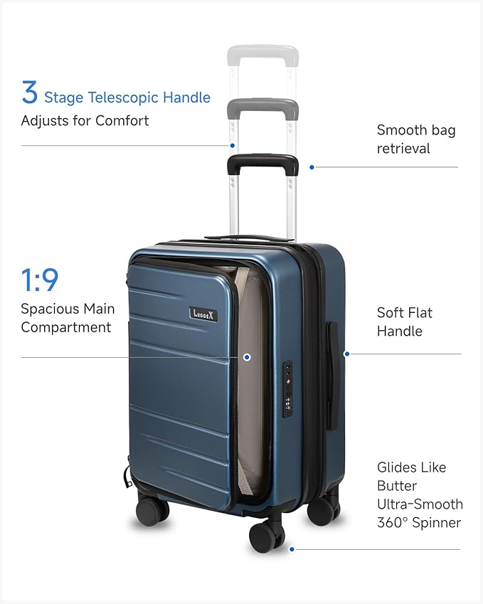 LUGGEX Carry On Luggage Top Opening, FLT Expandable Polycarbonate Hard Shell Suitcase with Wheels (FX-Lite, Blue, 20 Inch, 36L-41L)