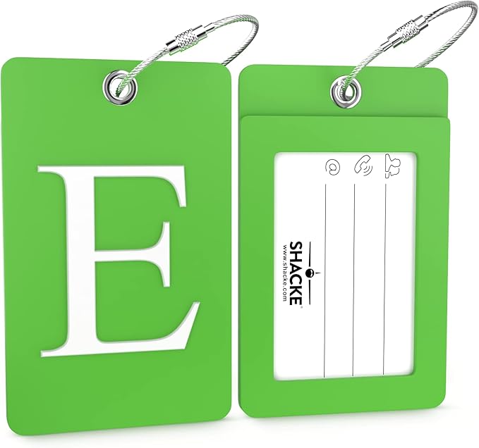 Shacke Luggage Tag Initial – Fully Bendable Tag w/Stainless Steel Loop (Letter E)