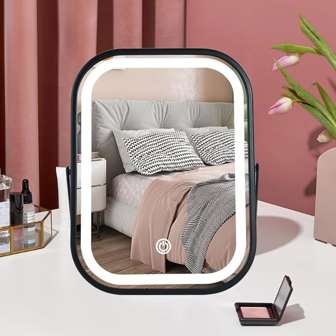 YEKKOPT Travel Mirror with Lights, Small LED Makeup Mirror with Lights,Portable Desk Mirror 1200mAh Battery,3 Color Modes,Dimmable Touch Screen, Tabletop Folding Compact Mirror,Women Gift