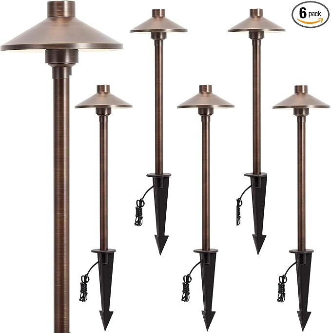 Solid Brass Low Voltage Landscape Pathway Lights (6.7'' Shade, 21.9'' Tall), 12V AC/DC Heavy Duty LED Path Lights Outdoor Wired, Antique Bronze Walkway Lights Without G4 Bulb, 6 Pack